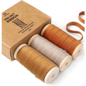 2 x Vitalizart Fall Velvet Ribbon Set 3/8" x 15 Yd Wooden Spool Fabric Trim 3 Rolls * 5 Yd for Christmas Wreath Decoration Handmade Craft Ornaments Gift Wrapping & Bow Making (Khaki Terracotta & Nude)