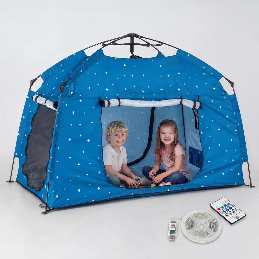 Kids Play Tent-Portable Playhouse Children House -Easy Set up Indoor Outdoor with Carry Bag for Kids-Light Strip Design for Night Use with Starry Fabric - Space for Children and Parents-Birthday
