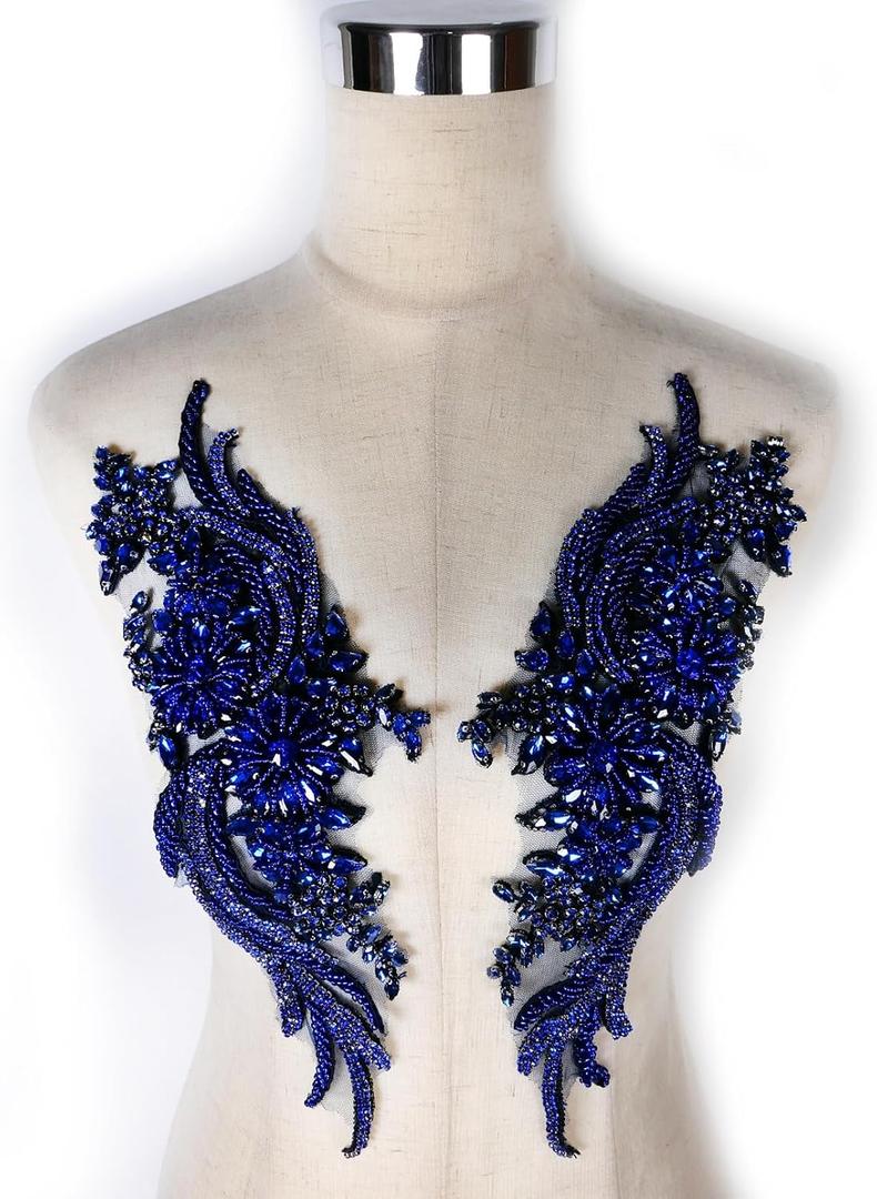 Hand-Made Beaded Rhinestons DIY Clothing Appliques Patch,Beaded Applique for Wedding Dress Decoration Blue Flower Applique by Pair (Blue)