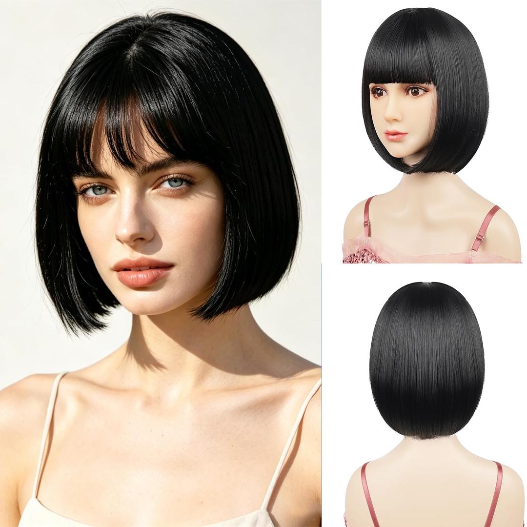 Bob Wig with Flat Bangs Include Wig Cap 12 Inch Black Short Hair Wig Synthetic Fiber Adjustable Size for Women Halloween Costume Party Colorful Wigs