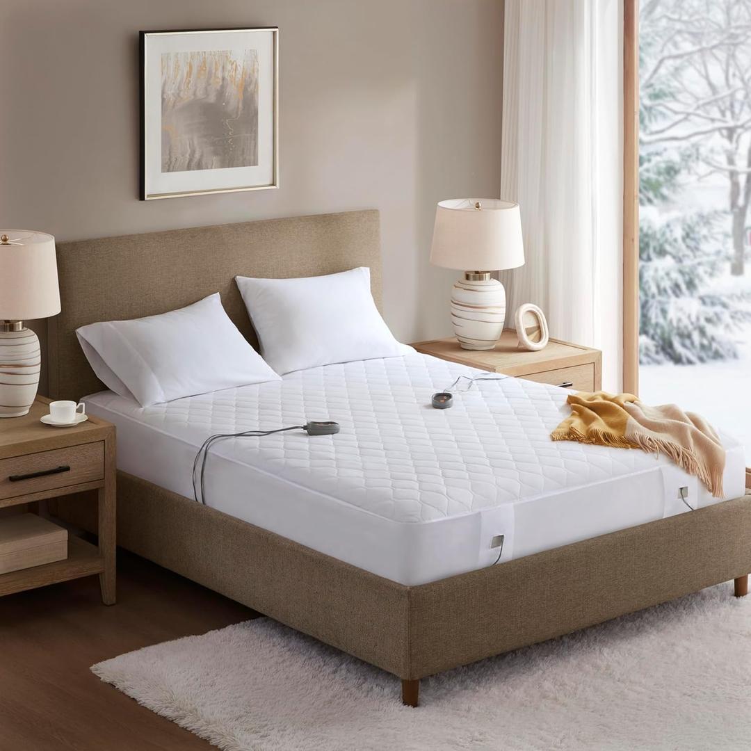 Beautyrest Cotton Blend Heated Mattress Pad Secure Comfort Technology - Luxury Quilted Electric Mattress Pad with Deep Pocket - 5-Setting Heat Controllers, Cal King, White | Breathable Electric Mattress Pad With Dual Controller, 5 Heat Settings & Auto Shut Off, UL Certified & Machine Washable