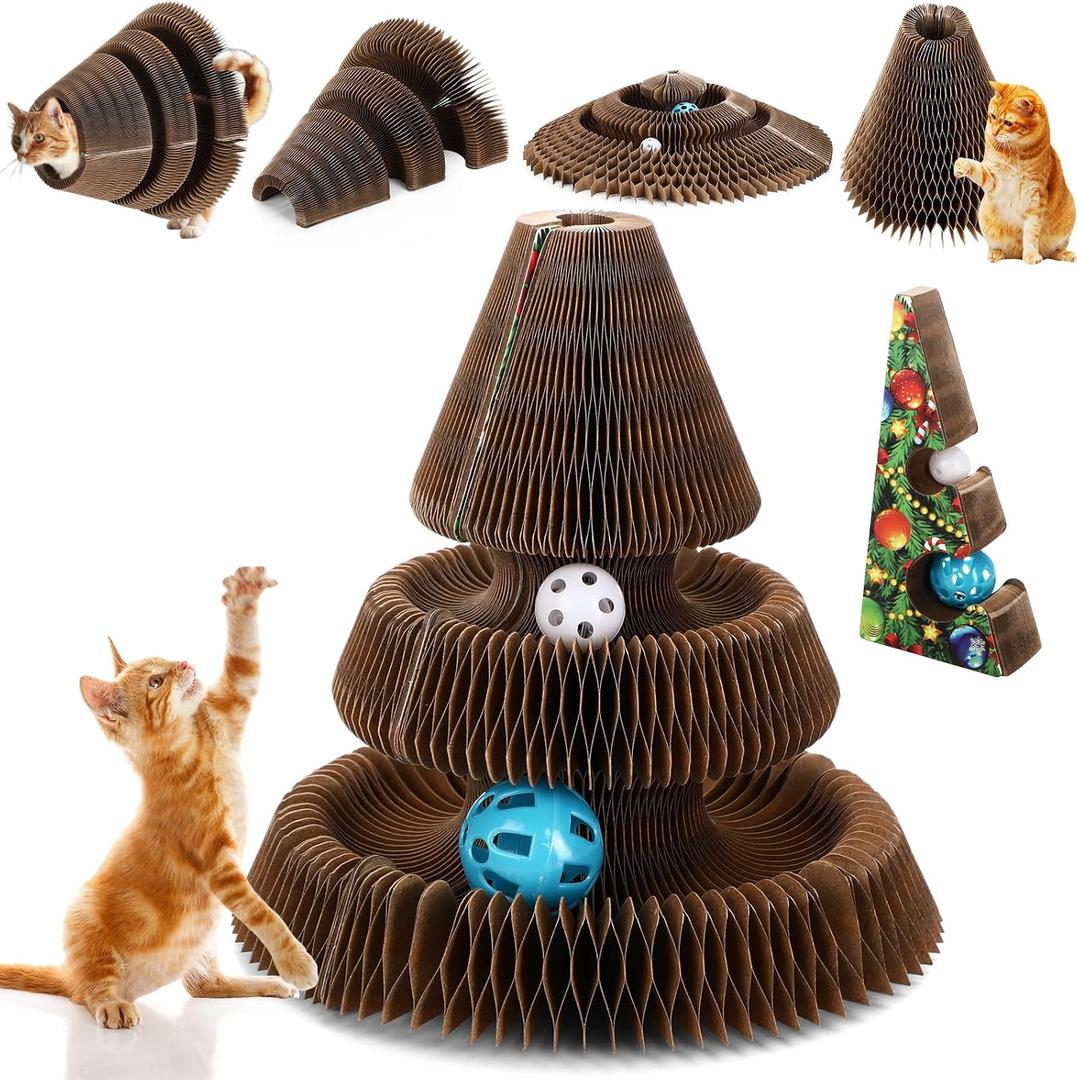 Soulchen Christmas Tree Magic Organ Cat Scratching Board, Combinable Cat Toy, Interactive Cardboard Kitty Scratcher with Bell Ball, Durable Foldable Accordion Scratch Pad, Exercise for Indoor