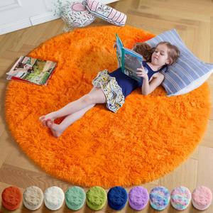 Amdrebio Orange Round Circle Rug 4Ft for Bedroom Living Room, Fluffy Fuzzy Area Rugs for Kids Room Decor Aesthetic, Cute Furry Plush Shag Carpet for Toddler Teen Girls Boys Baby Nursery Dorm Playroom