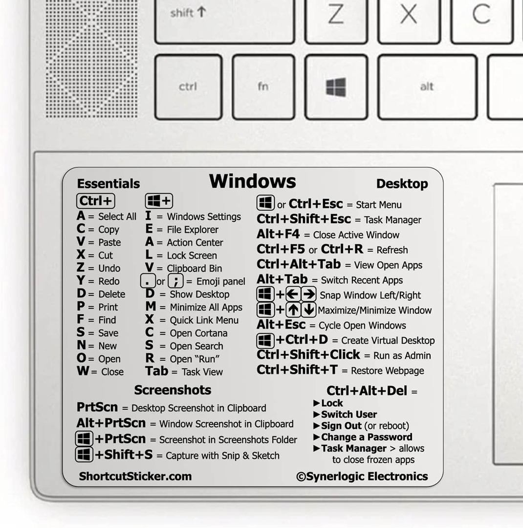 3 x Synerlogic (2pcs) Windows PC Reference Keyboard Shortcut Sticker | Vinyl, Laminated Windows Shortcut Sticker for PC Laptop or Desktop | Shortcuts Cheat Sheet (Clear/Large/2)