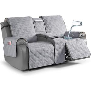 TAOCOCO Loveseat Recliner Cover with Center Console, 100% Waterproof Pet Covers for Dual Recliner with Mug Holder, Split Reclining Loveseat Cover Furniture Pet&Kids Protector (2 Seater, Light Grey)