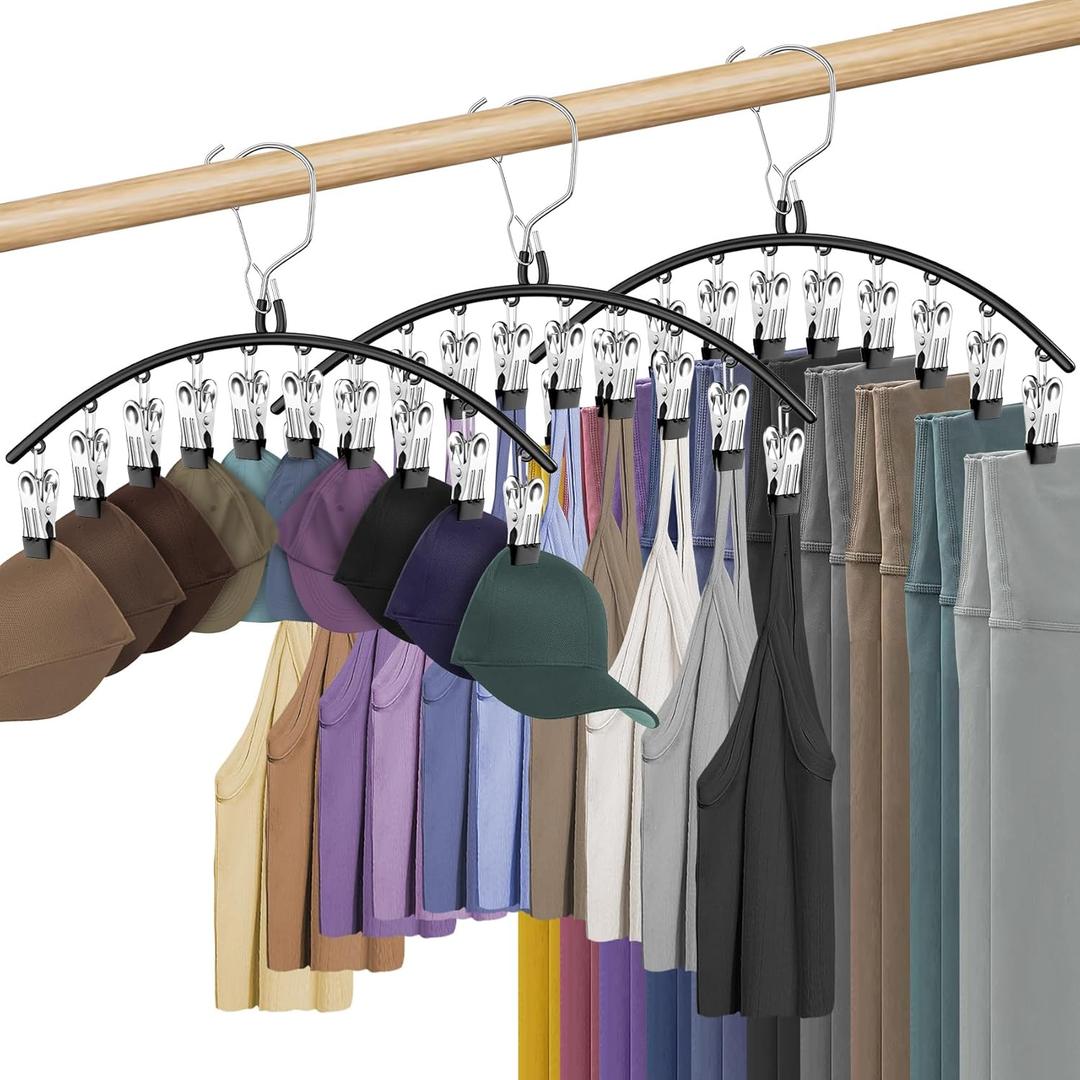 3 Pack Skirt Pants Hangers with Clips, Legging Organizer for Closet Hanging with 10 Clips Holds 30 Leggings/Shorts/Jeans/Skirts Pants Hangers Space Saving Closet Organizers and Storage, Black