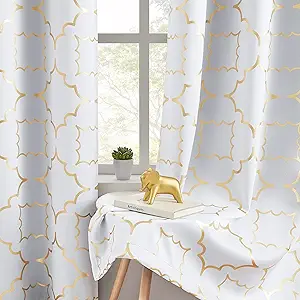 White Blackout Curtains for Bedroom Living Room with Gold Foil Print Panels Room Darkening Energy Saving Grommet 95% Blackout Drapes for Patio Hall Studio, 2 Panels, 52" Wx63 L