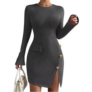 Floerns Women's Elegant Long Sleeve Fall Dress Split Business Casual Office Bodycon Mini Dresses, Small
