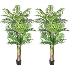 6ft Tall Triple Golden Cane Palm Artificial Tree Large Tropical Palm Tree UV Resistant Fake Plant in Pot for Indoor Outdoor Big House Living Room Outside Patio Office Home Decor (Set of 2)