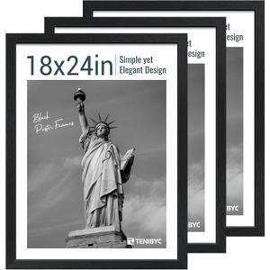 18x24 Poster Frame 3 Pack - Black Woodgrain, Solid Wood Gallery Picture Frame - Wall Hanging