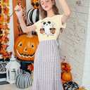Halloween Shirts Pumpkin Shirt Women: Cute Ghost Shirt Casual Fall Halloween Spooky Season Graphic Short Sleeve Tee Tops (X-Large, Apricot)
