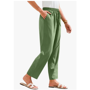 Linen Pants for Women Petite Beach High Waist Cropped Capris Elastic Tapered Ankle Drawstring Pants with Pockets, Size:S