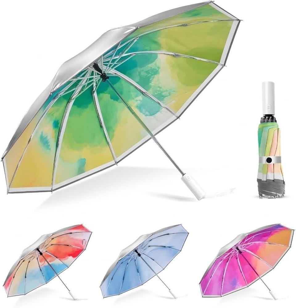 Inverted Sun Umbrella with UV Protection UPF 50+, Auto Open Close Compact Travel Umbrella, Silver Cooling Coating for Heat Insulation, Windproof Reverse Folding Umbrella for Rain & Sun (Aurora Green)