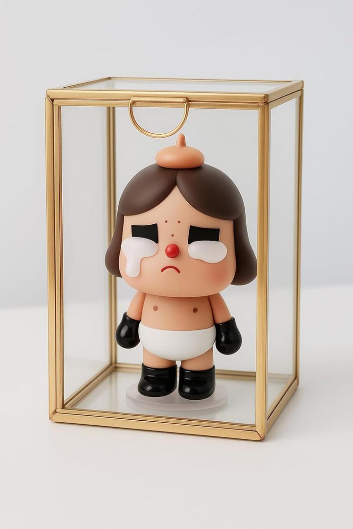 Feyarl Glass Display Box Case Gold Metal Frame Figure Display Stand Showcase Cabinet Clear Box for Collectibles Models Home Decor (4.72 x 3.15 x 3.15inch)