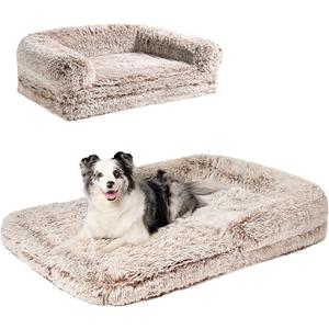 EHEYCIGA Foldable XXL Dog Bed for Large Sized Dog, 54"x38"x7.5" Faux Fur Fluffy Pet Couch Bed, Orthopedic Calming Memory Foam Big Pet Bed, Washable Pet Sofa Bed with Non-Slip Bottom, Faded Brown