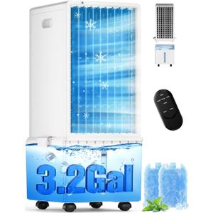 4-IN-1 Windowless Air Conditioner Portable w/ 4 Speed&4 Mode, 3.2-Gal Dual Tank for 30H Cooling, Waterless Alert Evaporative Cooler, 12H Timer, Remote, Swamp Cooler Air Conditioner for Bedroom