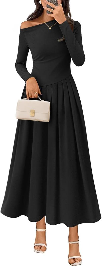 MEROKEETY Women's Fall Long Sleeve Wedding Guest Dresses 2025 One Shoulder Elegant Formal Pleated Midi Maxi Dress (Black, XL)