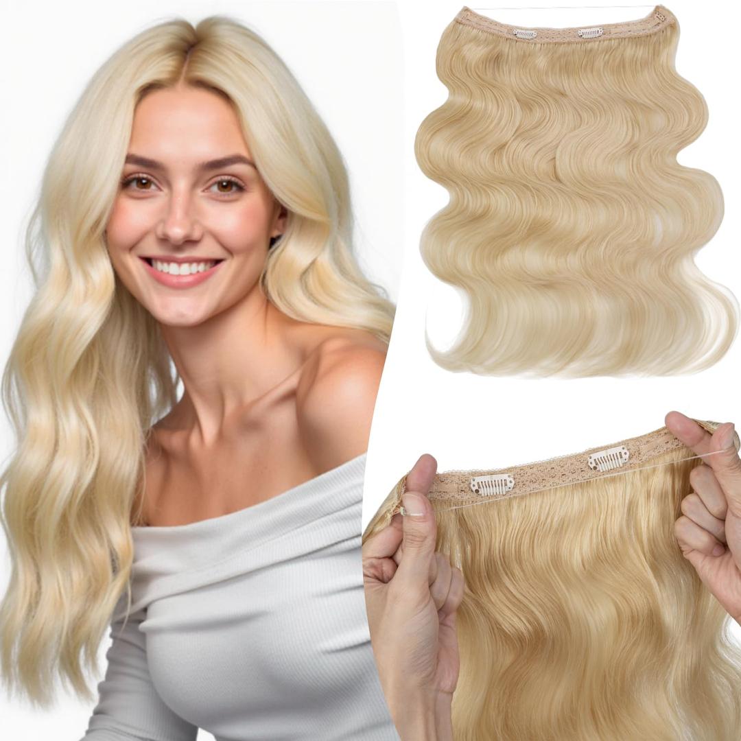 Halo Hair Extensions Wavy Curly, 100% Real Human Hair,No Tangle & Smooth,Invisible Wire Extensions for Women,65s, 18 Inch#Wavy Platinum Blonde