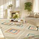 Area Rug 5x7 Rug Machine Washable Non-Slip Low Pile Print Pattern Western Rug for Living Room Bedroom Entryway Tribal Series -Cream/Beige