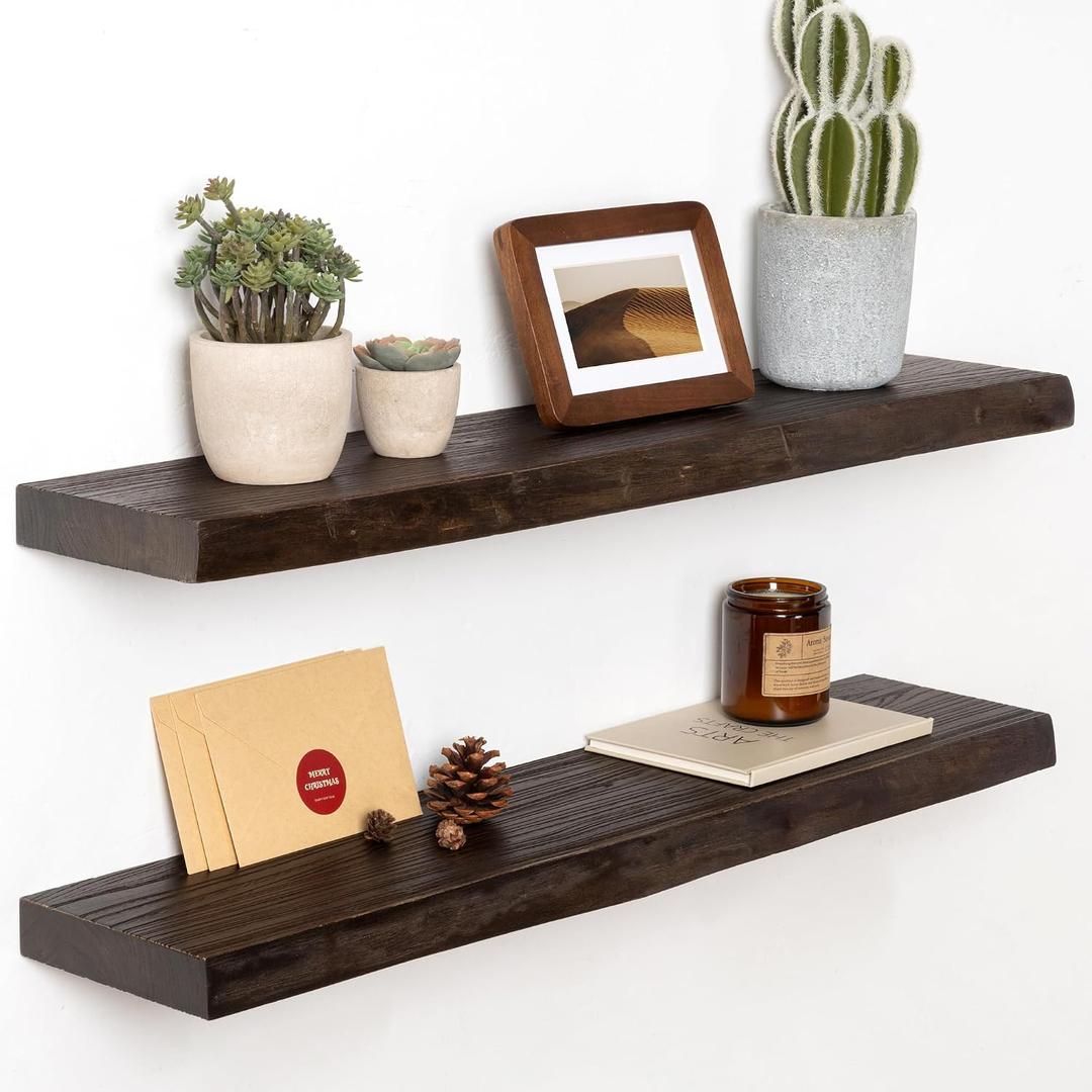 30 Inch Floating Shelves for Wall, Solid Elm Wood Live Edge Floating Shelves for Bedroom Living Room Bathroom, Wall Mounted Wooden Shelf with Invisible Bracket for Books Decor Storage, Walnut, Live Edge, 30"w, 2pack