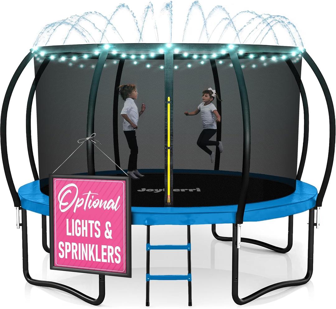 Trampoline Outdoor - ASTM Certified Safe, 14Ft Recreational Trampoline for Kids and Adults. Anti-Rust Coating with Enclosure Net, Ladder, Sprinkler & LED Lights (Blue)