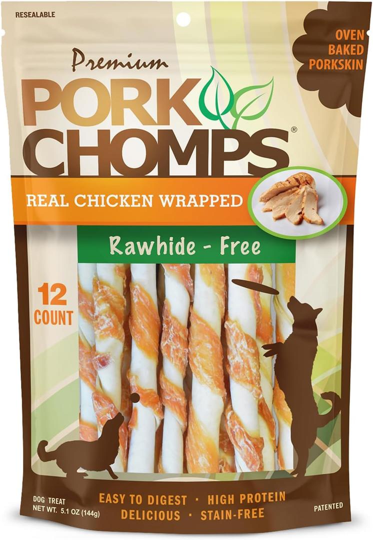 Pork Chomps Baked Pork Skin Dog Chews, 5-inch Mini Twists, Real Chicken Wrap, 12 Count (BBD: 02/13/2028)