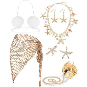 7 Pcs Halloween Mermaid Cosplay Costume Accessories Women Mermaid Outfit Crochet Skirt, Shell Bra Necklace Earring