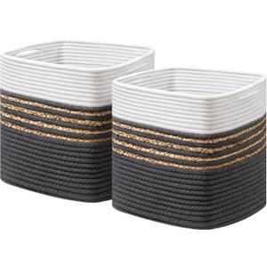 UBBCARE Set of 2 Storage Cubes 11 X 11 X 11 in, Water Hyacinth Storage Bins for Shelves, Toys, Book, Storage Baskets with Handles, Cotton Rope Woven Baskets for Organizing, Dark Grey