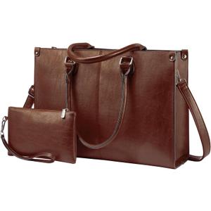 LOVEVOOK Laptop Tote Bag for Women, 15.6 Inch Large Capacity Vintage Leather Work Computer Bag, Business Casual Shoulder Handbag, Chestnut Brown