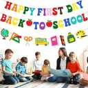 3 x Welcome Back to School Decorations, Happy First Day Banner for Classroom | Pre Strung, No Glitter Mess, No Tangled, 350G Cardstock, 9.8FT/3M String, Ideal for School Home Party Home Bulletin Board