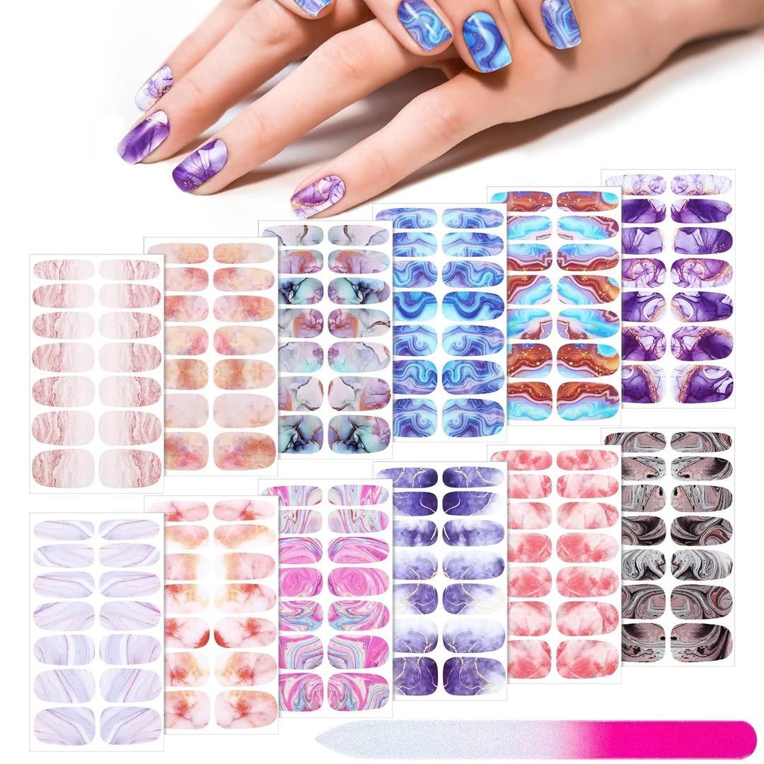 Maitys 168 Pcs 12 Sheets Full Wrap Nail Stickers Polish Strips Gradient Stickers Glitter Self Adhesive DIY Gel Nail Strips Decals with 1 Pcs Fingernail Files for Holiday Decor(Vivid Style)
