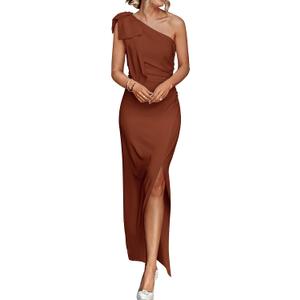 PRETTYGARDEN Women's Summer One Shoulder Long Formal Dresses Sleeveless Ruched Bodycon Wedding Guest Slit Maxi Dress (Large, Coffee)
