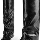 Knee High Boots for Women Square Toe Chunky Heel Fold Over Slouchy Boots Wide Calf Comfortable Tall Boots (11, Black)