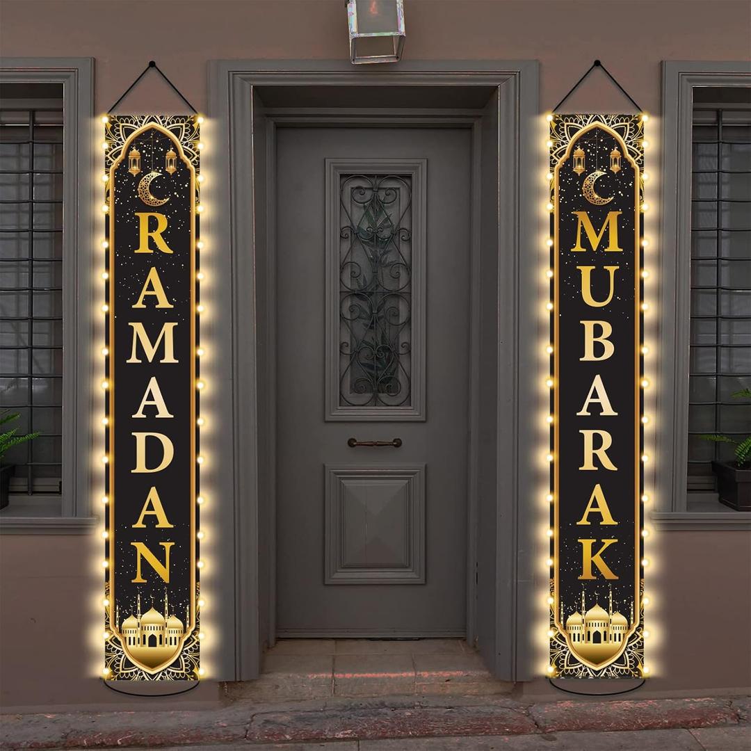 ZOIIWA Eid Mubarak Front Door Banners Lighted Decorations Ramadan Porch Sign with LED Light Black Gold Moon Lantern Door Sign Hanging Fabric Banner for Ramadan Eid Mubarak Party Outside Lighted Decor