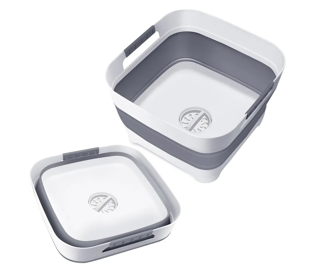 Upgraded 2.4 Gal (9L) Collapsible Dish Basin with Drain Plug, Space Saving Multiuse Foldable Sink Tub, Dishpan, Beverage Tubs for Camping, Vegetable Washing, RV(Gray)