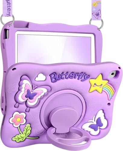 Kidcube for iPad 5th/6th Generation Case, for iPad Air 1st/2nd Gen, for iPad Pro 9.7 Inch Case - Girls Cute Kawaii Girly 3D Purple Butterfly Design Cover with Rotating Stand & Strap Silicone Women