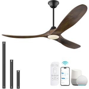 52 Inch Smart Ceiling Fan with Lights, Outdoor Ceiling Fans for Patios Damp Rated, 3 Blades Propeller Walnut Wood Farmhouse Ceiling Fan, Large Airflow DC Ceiling Fan with Remote/ APP/ Alexa Control
