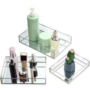 Jetec 3 Pieces Mirror Glass Vanity Tray Silver Ornate Makeup Tray Metal Vintage Octagonal Perfume Dresser Trays for Dresser Bedroom Bathroom Hotel, 3 Sizes
