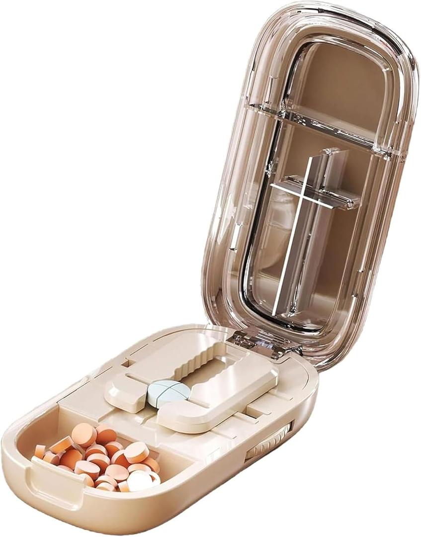 E Chu Pill Cutter, Adjustable Pill Cutter and Splitter for Multiple Pills, Portable 1/2 1/4 Splitter Popper for Multiple Pills, Accurate Centering Alignment Device (Beige, 1/2 + 1/4)