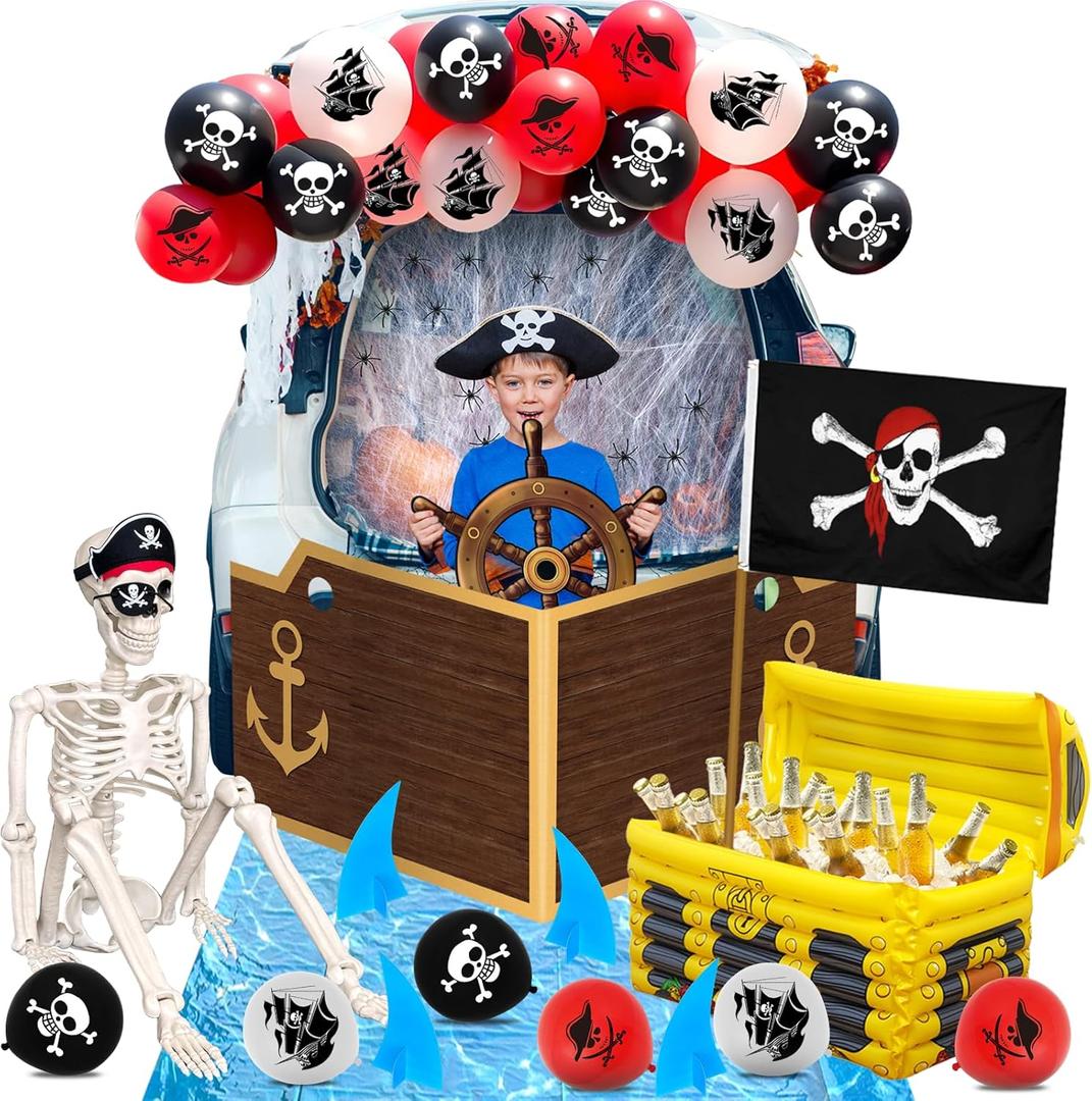 27 Pcs Halloween Pirate Trunk or Treat Car Decorations Kit Include Skeleton Hat Blindfold Flag Spider Web Treasure Box Ship Plank Steering Wheel Seawater Shark Decor Balloons for Outdoor SUV Garage