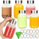6 Pack Glass Juice Bottles with Lids - 5 oz Clear Water Bottles With Stainless Steel Cap - Liquid Storage Containers for Juicing, Refrigerator - Includes 12 blank labels, 1 Folding Funnel and 1 Brush
