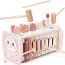 Joyreal Montessori Toys for 1 Year Old Girl Gift - Pink Wooden Hammering Pounding Toy with Xylophone & Fishing Game - Toddler Learning Activities for Kids 1+ 2 3 Year Old Christmas Birthday Gifts