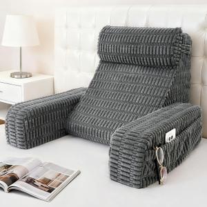 19" Reading Pillow for Bed with Built-in Arms & Large Pockets, Supportive Backrest Cushion for Reading, Resting, or Reclining, Washable Cover  Grey (Medium(5'1"-5'10"))