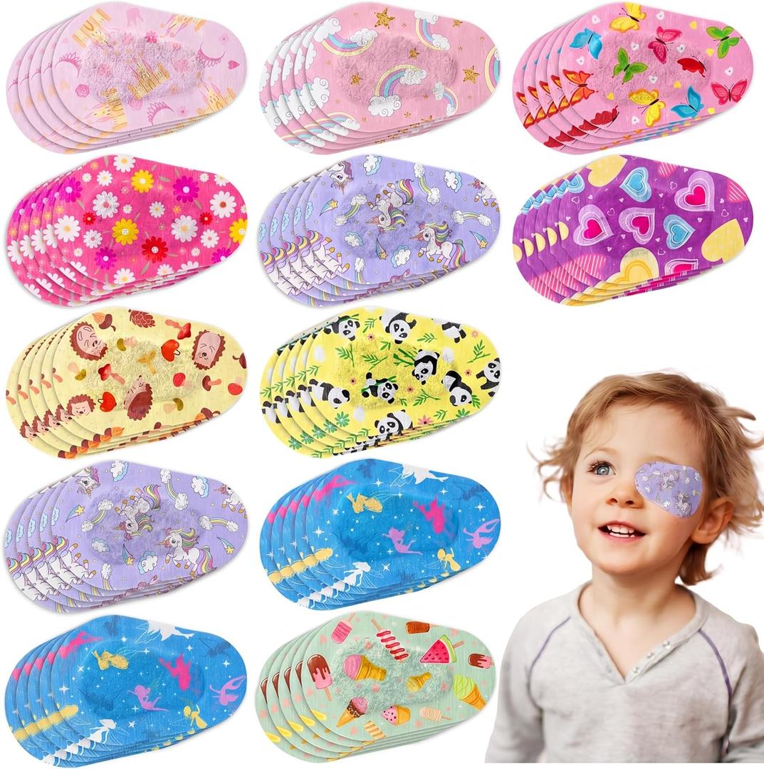 Panitay 60 Pieces Kids Girls Eye Patches Toddler Adhesive Patch Bulk Cotton Fabric Pad Breathable with Lazy Eye for Pediatric Amblyopia,12 Styles Regular Size