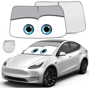 Gven Sunshade for Tesla Model Y Accessories 2025 Funny Eyes Windshield Sun Shade Car Front Window Shade for Tesla Model 3 Accesssories Dual-Sided Versatility (Grey Eyes)