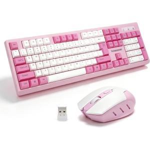 Tongyangat Wireless Keyboard and Mouse Combo, 2.4G Full-Size Keyboard Mouse Set, Plug & Play, Quiet Click, Ergonomic Design, Compatible with Windows, Mac, Laptop, Desktop, Computer (T906-Pink)