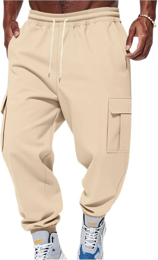 Mens Fleece Cargo Sweatpants Drawstring Waist Baggy Jogger Pants with Pockets Soft Athletic Winter Track Pants, 36 W, Beige