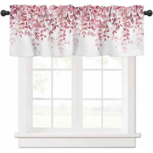 Pink Eucalyptus Leaves Curtain Valance for Windows Watercolor Window Treatments 1 Panel Short Curtains for Kitchen Windows Bathroom Bedroom,54 x 18 Inch