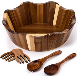 LemonRoad Wooden Salad Bowls Set 12 inch Wavy Large Acacia Wood Serving Bowl with 2 Wooden Hands 2 Utensils Fork Spoon for Fruit, Salad, Cereal, Corn flake, Pasta, Food(Irregular Shaped)