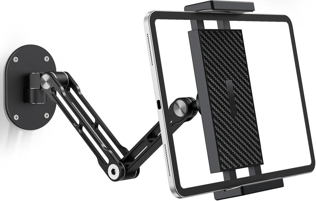 iPad Wall Mount Holder, Heavy Duty Aluminum Tablet Wall Mount, Full Motion Tilt & Swivel Base, Adjustable Foldable for Kitchen, Gym, Fits iPad Pro Air Mini, Galaxy Tab, 4.7-13" Phones & Tablets, Black
